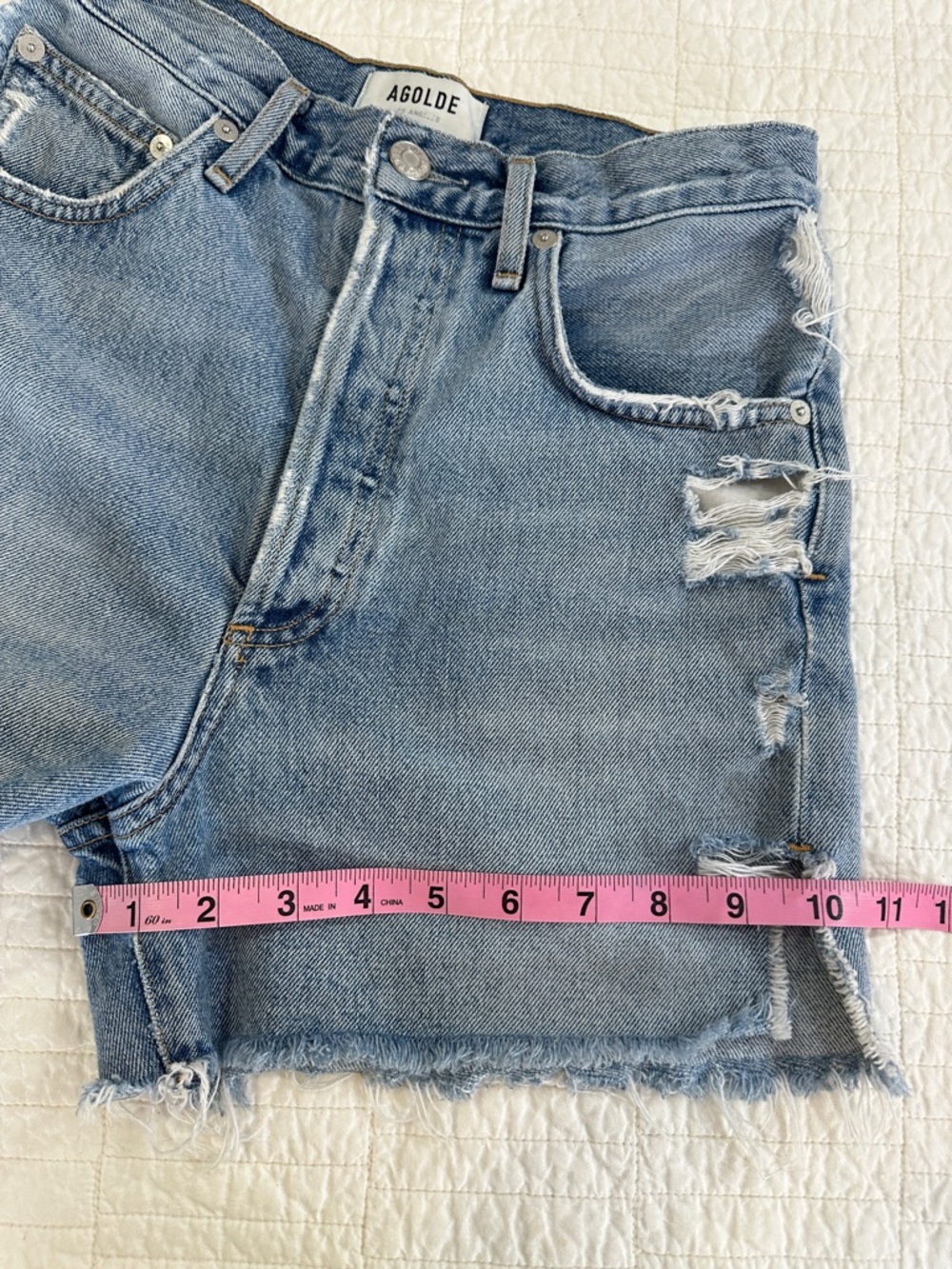 Agolde Distressed Dee 24 Light Blue High-Rise Denim Shorts - Picture 8 of 9
